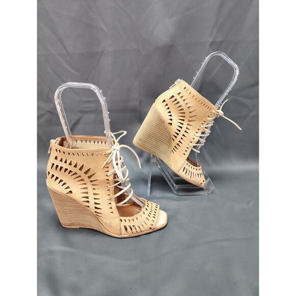 Jeffrey Campbell Rodillo Cutout Hi Wedge Peep Sandals Nude Size 8 Boho - Picture 2 of 7
